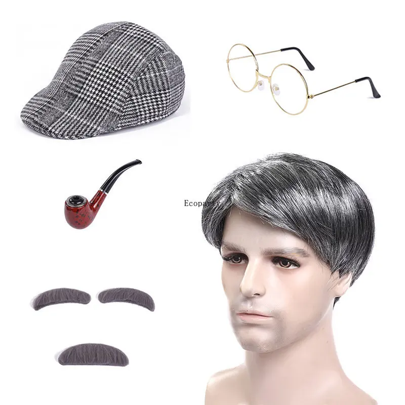 Men Adults Teens Old Man Wig and Mustache Set Grandpa Costume Accessories Kit with Grey Wig Fake Beard Eyebrows Cane Glasses