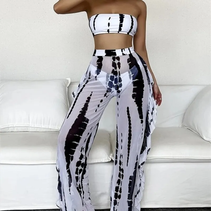 

2022 Fashion Women Sexy Off Shoulder Swimwear Patchwork 3 Pieces Swimsuit Strapless Bra+Thong+Transparent Long Pants Beachwear