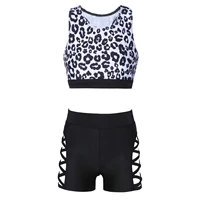 kids girls sport suit leopard workout gymnastics outfit jazz dance clothes sleeveless tank crop top with shorts set sportswear