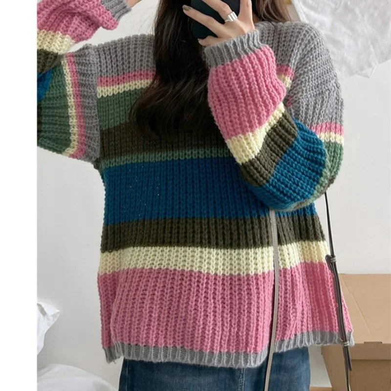 

Fall Winter Warm Sweaters Women Stripes Loose Tops Casual Street Long Sleeve Contrast Color Knitwear Pullover