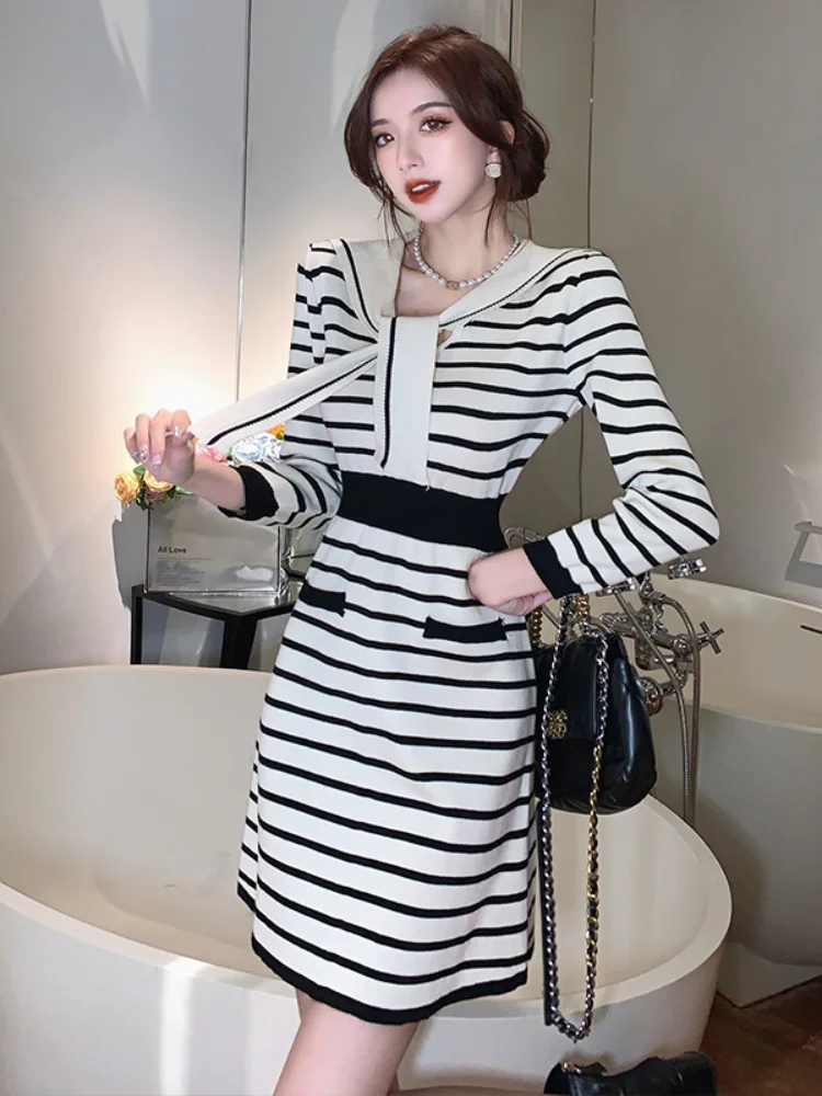 

Stripe Autumn French Knitted Dress Women o Neck Sweater Sheath Hight Quality Dress Elastic Waist OL Warm Midi Long Dress