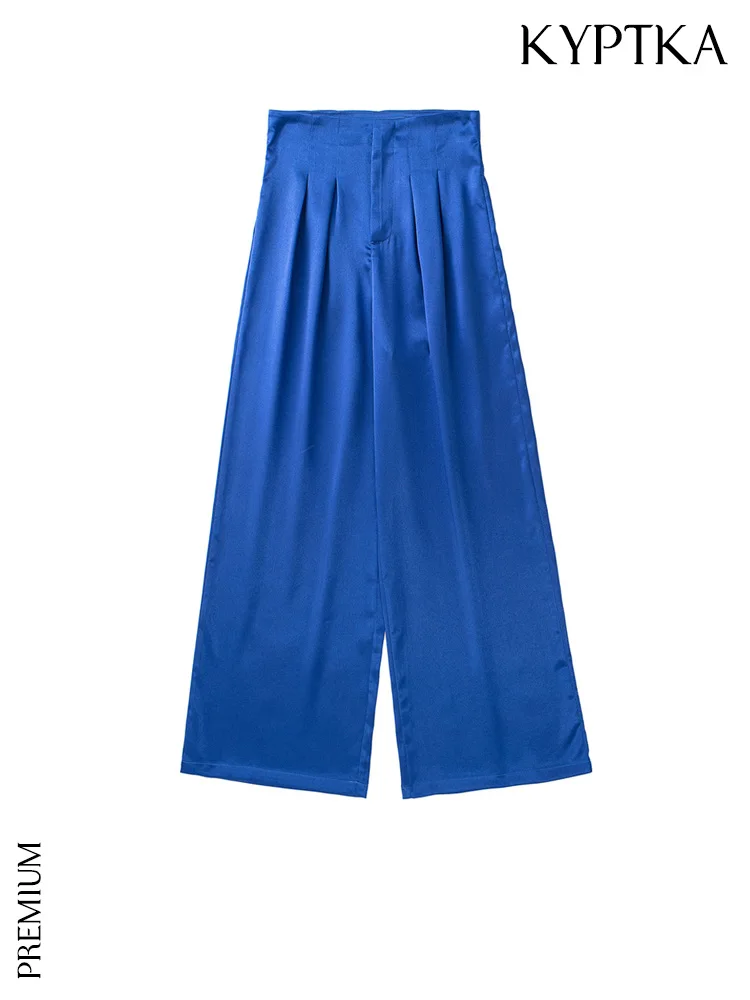 

KYPTKA Women Fashion With Pleated Full Length Satin Wide Leg Pants Vintage High Waist Zipper Female Trousers Mujer