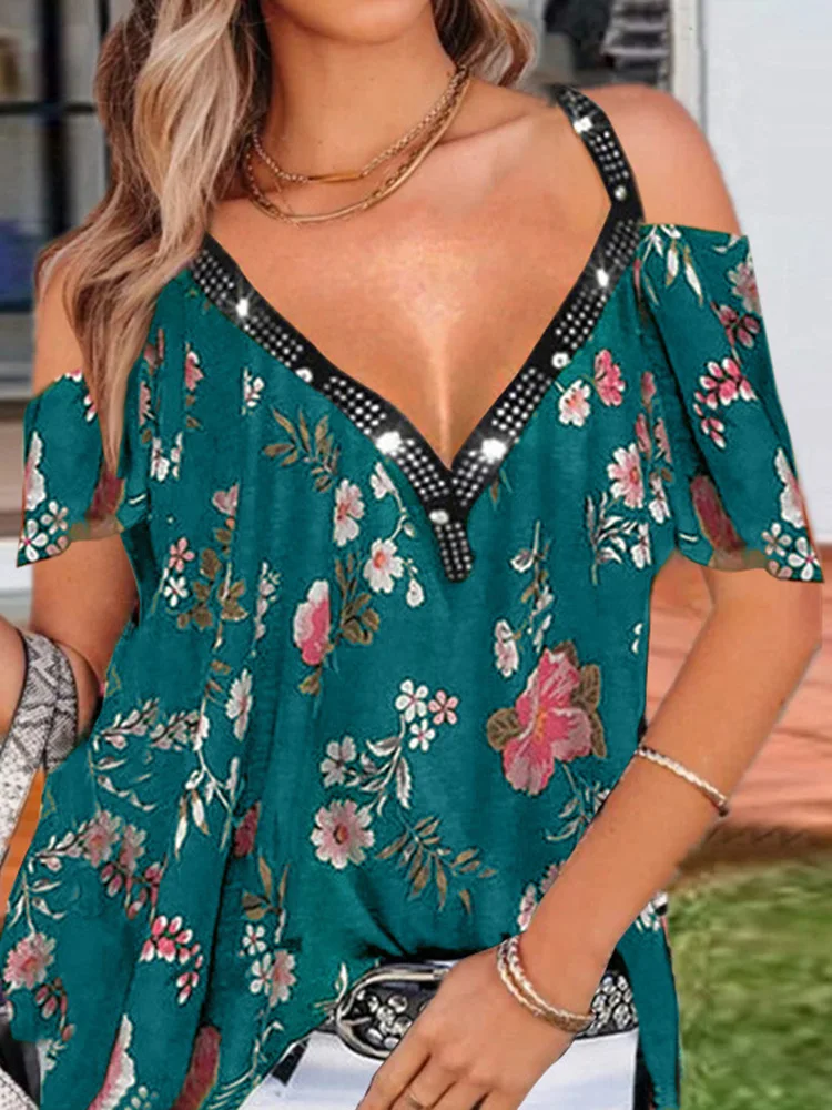 

2022 Spring Summer Elegant Off Shoulder Pullovers Casual Loose Short Sleeve OL Blouse Top Women Sling Strap Floral Printed Shirt