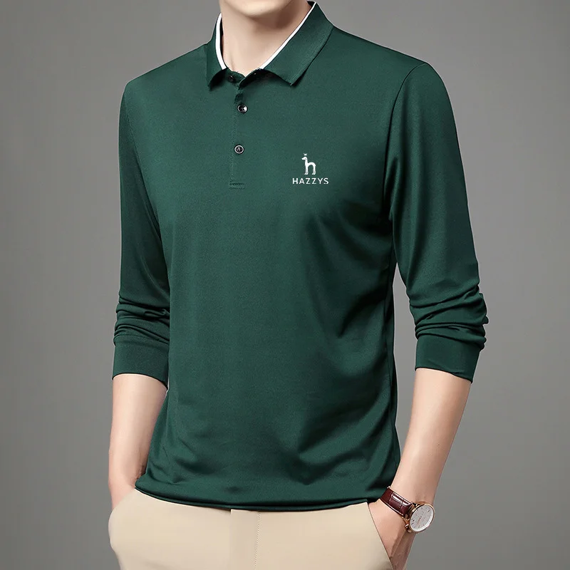 HAZZYS Men's Spring Summer Autumn New Business Lapel T-shirt Thin POLO Shirt Solid Color Fashion Simple Style Base Coat