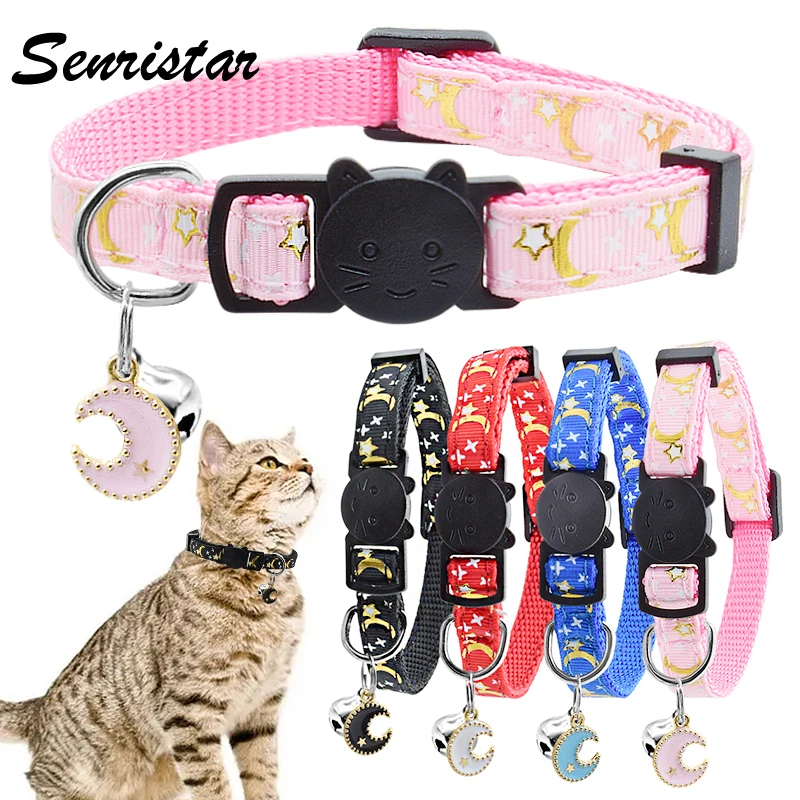 

Cute Cat Collar With Bell Breakaway Safety Adjustable Cat Collar Necklace Lovely Stars Moon Kitten Cat Collar Pet Accessories