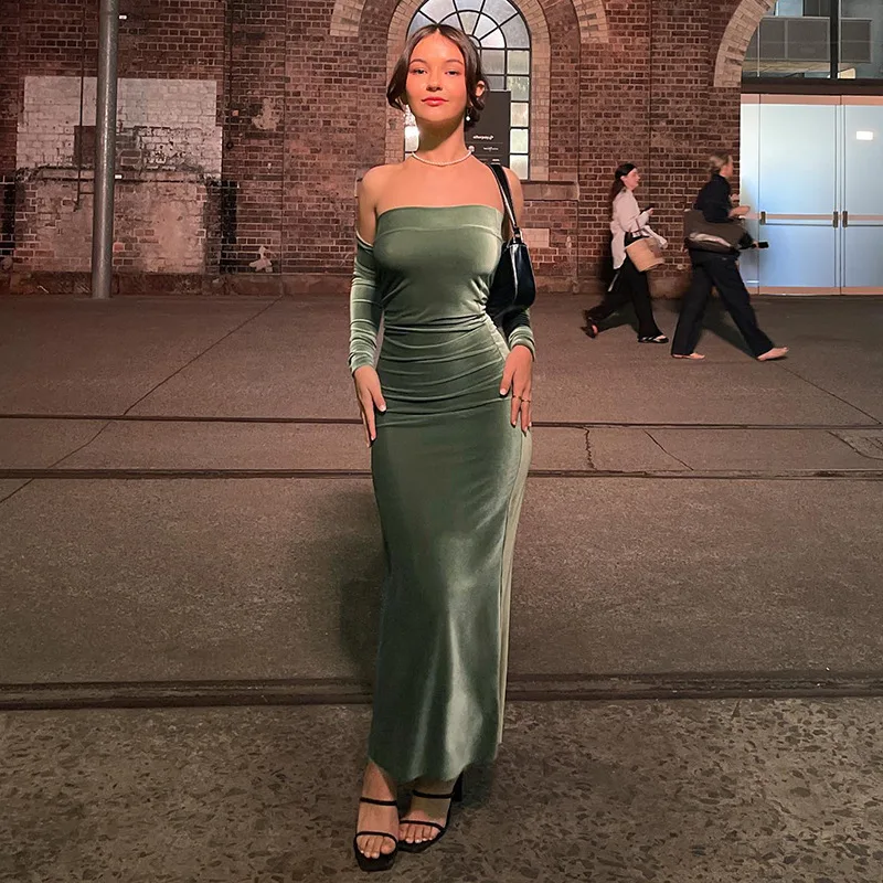 

Women's Fashion Solid Color Sexy Tube Top Sleeve Dresses Slim Long Dresses