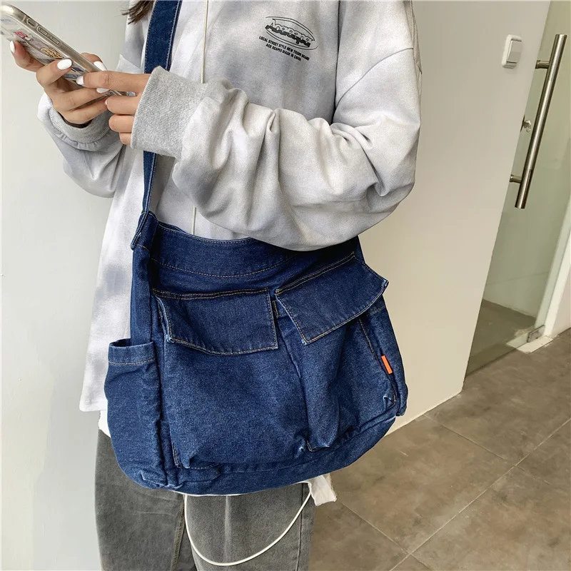 

Teenager Casual Denim Jeans Fabric School Book Big Capacity Shoulder Bag Student Large Size Roomy Pockets Everyday Messenger Bag