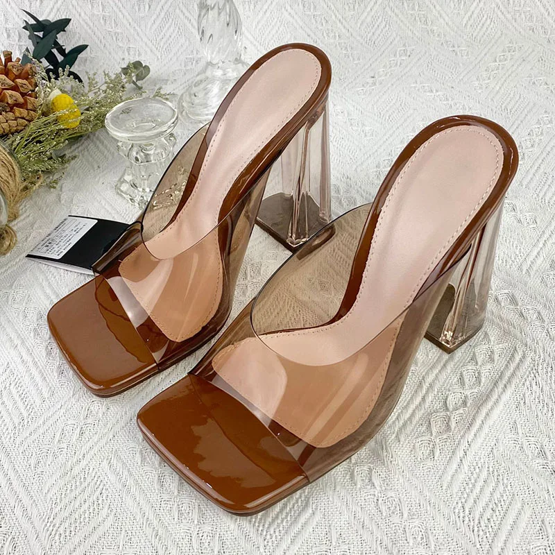 

Женские сандалии без задника, прозрачные шлепанцы на квадратном каблуке, ПВХ, шлепанцы на платформе, для лета, 2023