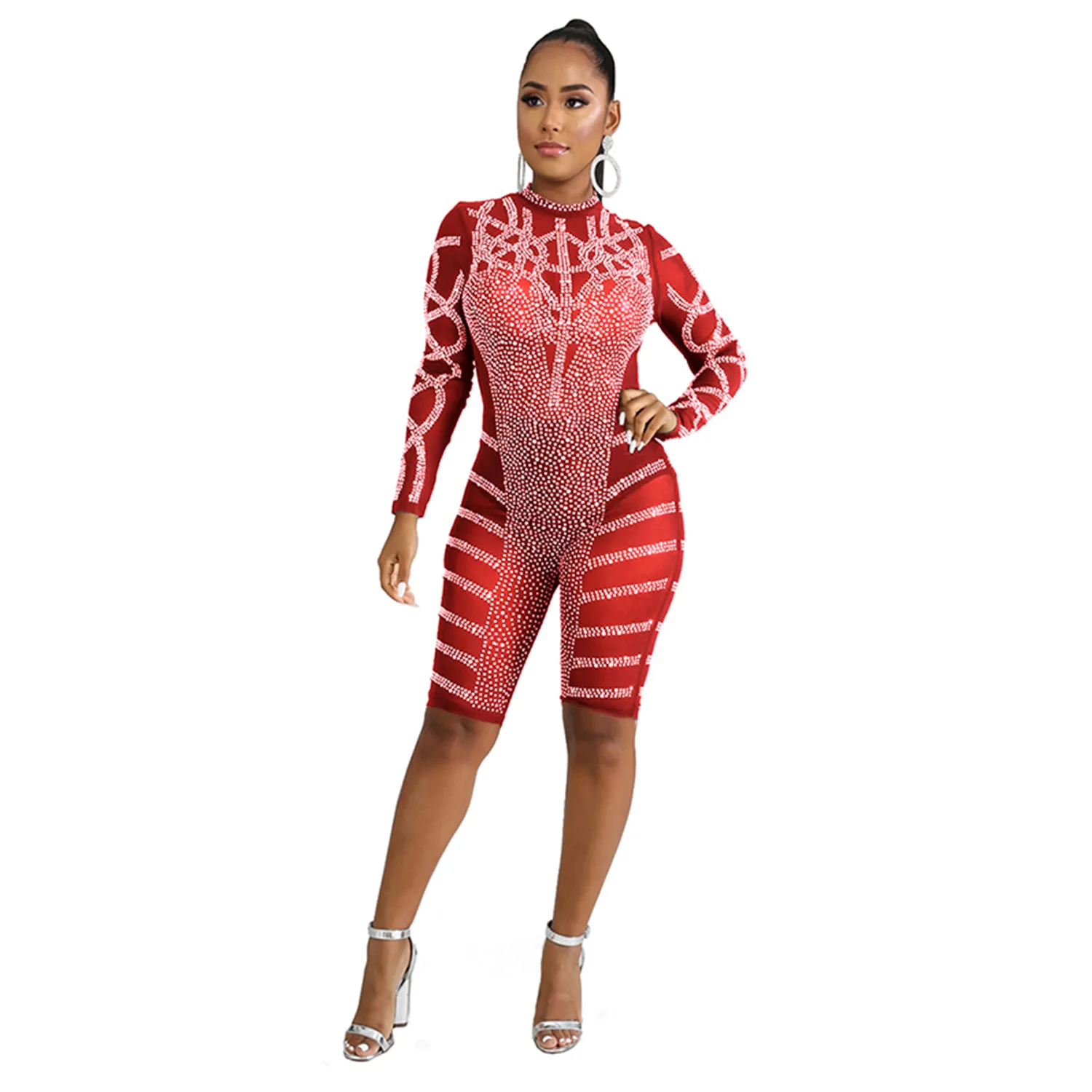 H3305 women's jumpsuit spring and summer fashion long-sleeved ironing drill mesh perspective short jumpsuit women's nightclub