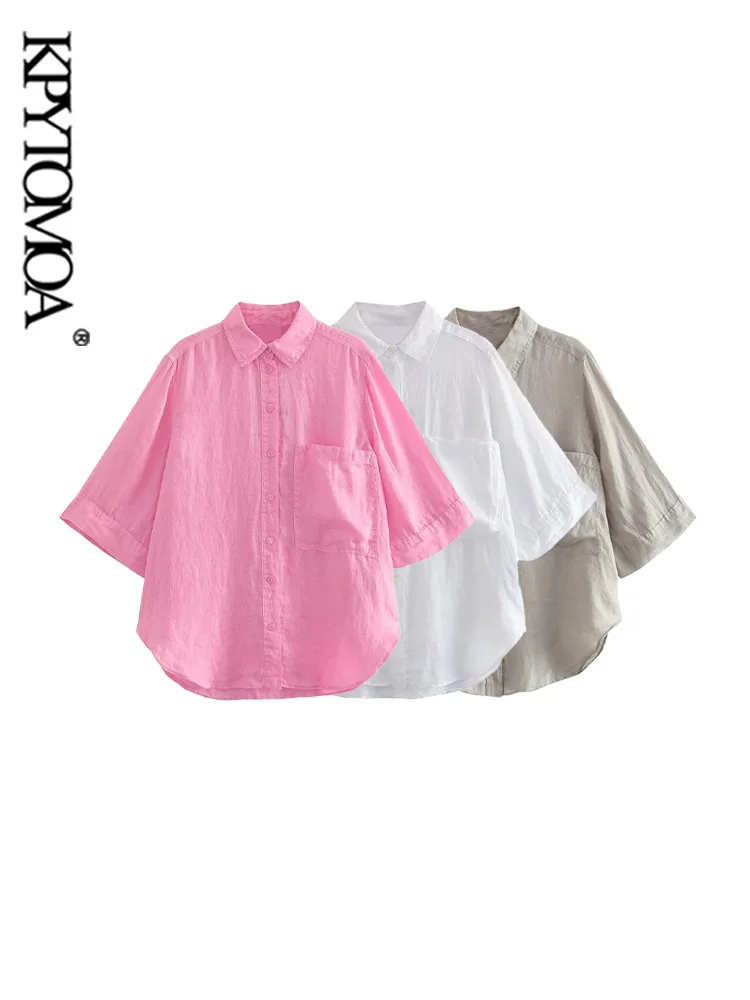

KPYTOMOA Women Fashion With Pocket Loose Linen Shirts Vintage Three Quarter Sleeves Button-up Female Blouses Blusas Chic Tops