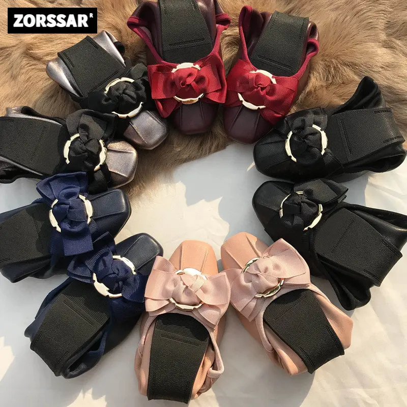 

Women Ballerina Flats Genuine Leather Soft Foldable Flats Slip On Moccasins Elegant Bow Office Lady Work Shoes Pink Casual Shoes