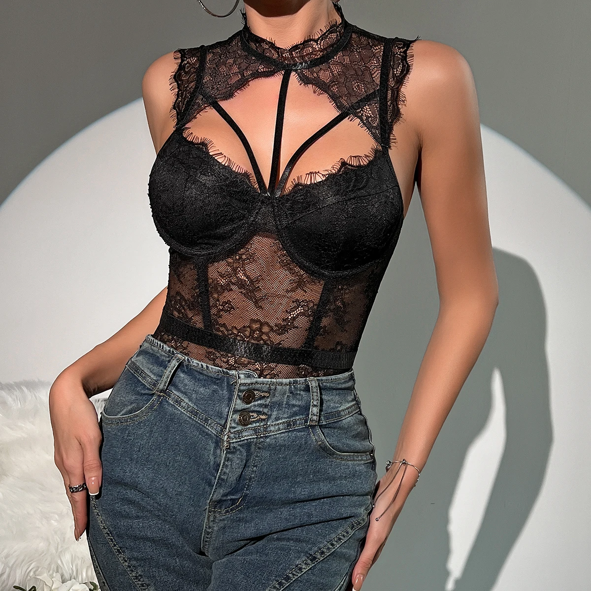 Женский кружевной комбинезон Babyoung сетчатый прозрачный с высоким воротником