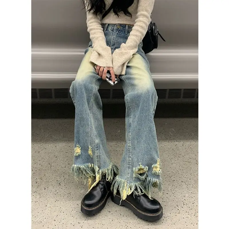 

Y2K Vintage Distressed Frayed Ripped Jeans Loose High Waist Wide Leg 2023 Spring Solid Color Casual All Match Streetwear Pants