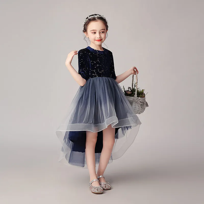 

New O-Neck Empire Half Sleeves Sequins High-Low Elegant Zipper Back Kids Party Communion Dresses Girl Dresses For Weddings A2304