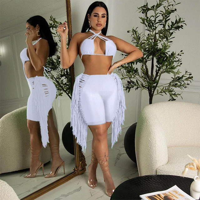 Сексуальный Однотонный женский комплект из двух предметов с бахромой спортивный