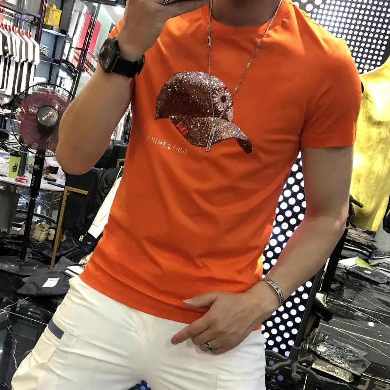 

2021 Summer New Hat Combed Cotton Fashion Brand Rhinestone Hot Fixed Short Sleeve T-shirt Men's Trendy Slim round Neck Pullover