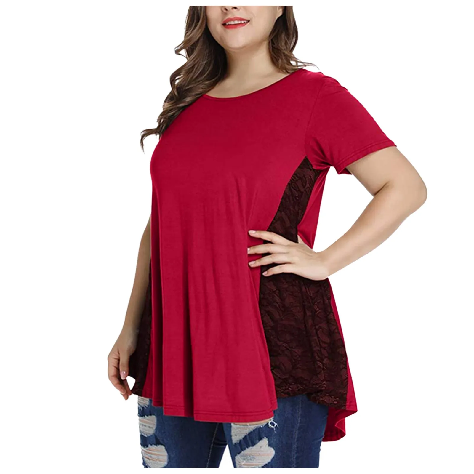 

Big Casual Oneck Side Fashion Top Women Lace Shirt Solid Size Loose Plus Size Women Tops Dressy Casual Silk plus Size Blouse
