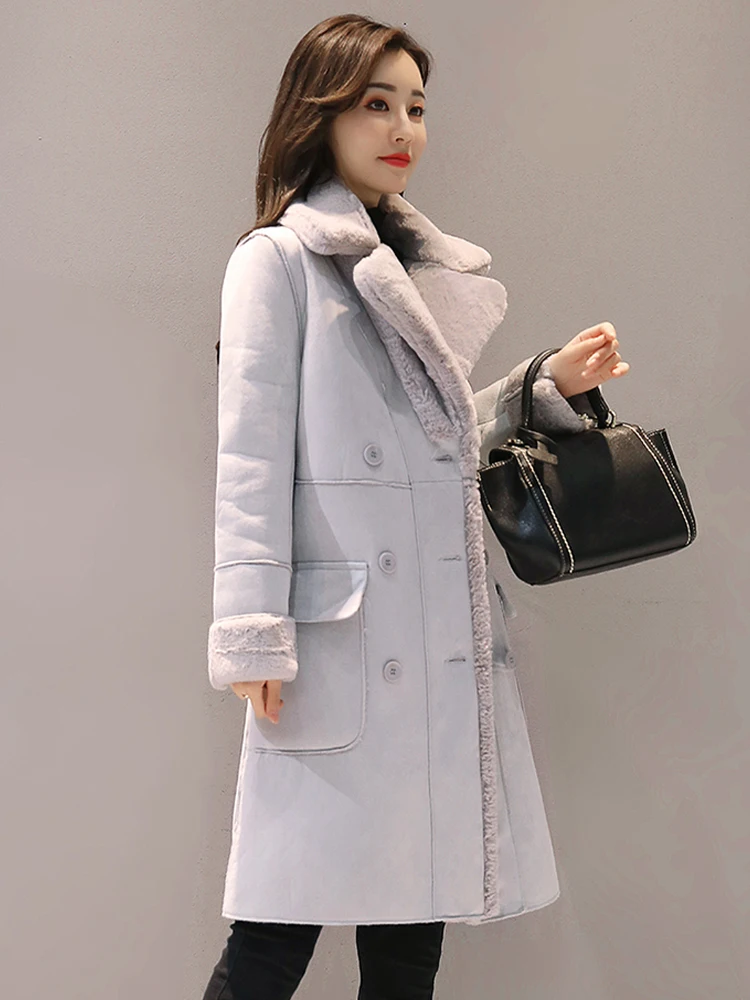 Velvet Thicken Woman Long Coat Jacket Warm Faux Suede Parka Female Double Breasted Gray Jacket 2022 Winter  Women'S Clothing