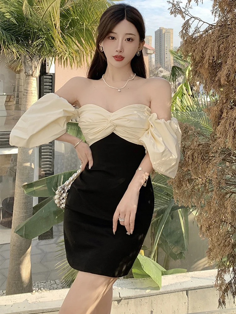 

Y2K дизайнерское элегантное вечернее платье, женское облегающее мини-платье с воротником-лодочкой и рукавами-фонариками для выпускного вече...