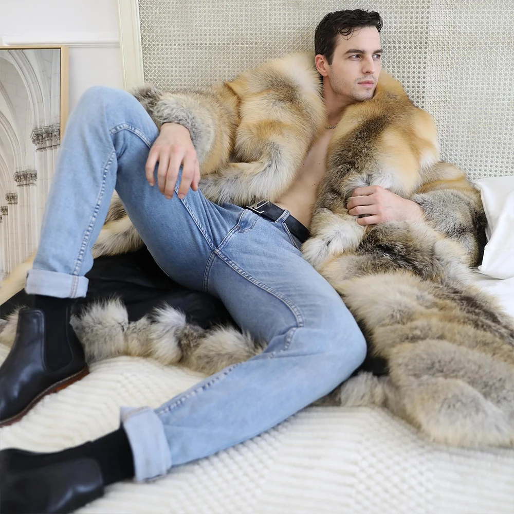 

120 Cm Natural Fox Fur Coat Men Streetwear Luxury Tide Cozy Thicken Outertwear Lapel Straight Genuine Fox Fur Jacket Male