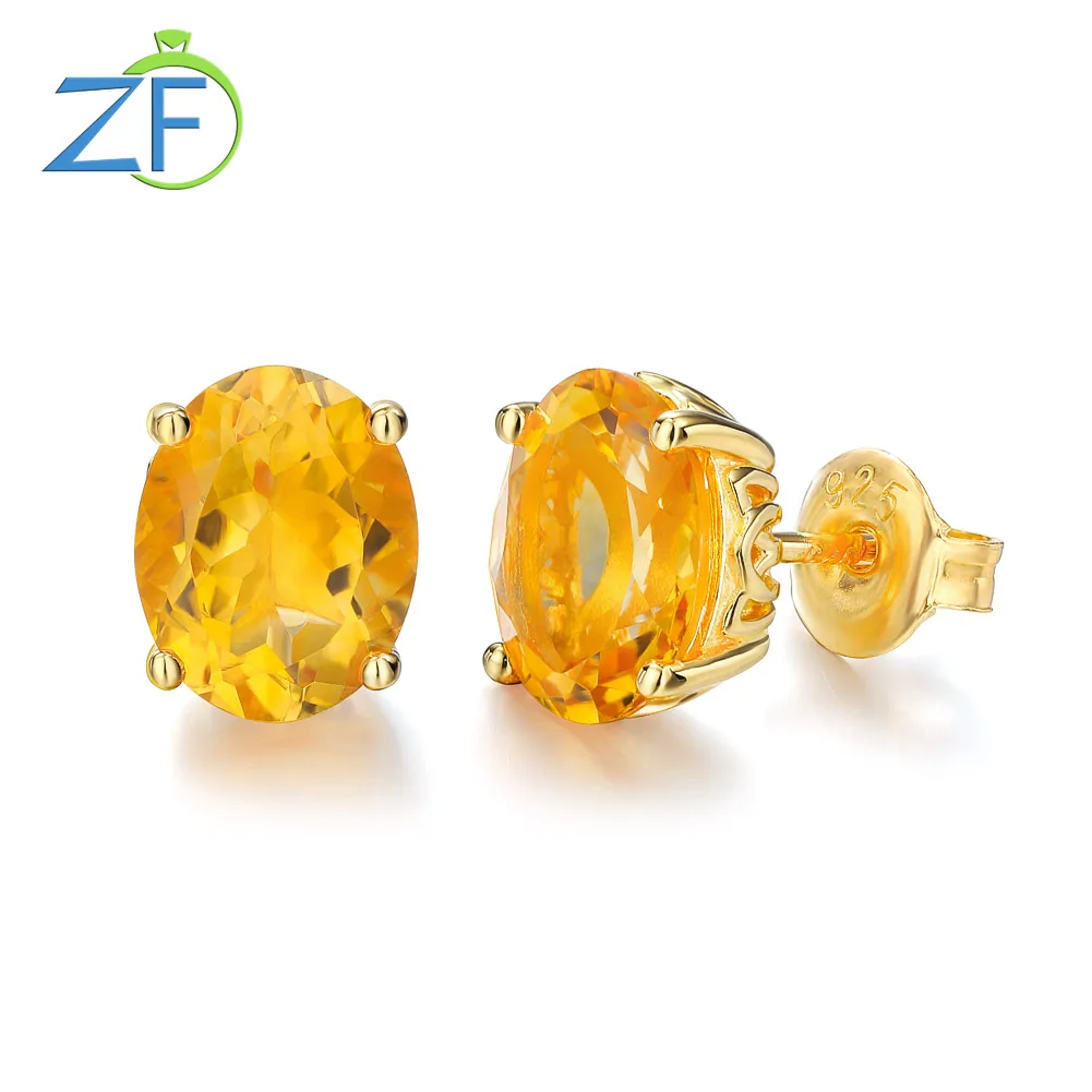 

GZ ZONGFA 100% 925 Sterling Silver Studs Earrings for Women Oval Natural Citrine Gem 4.6ct Earring 14K Gold Plated Fine Jewelry