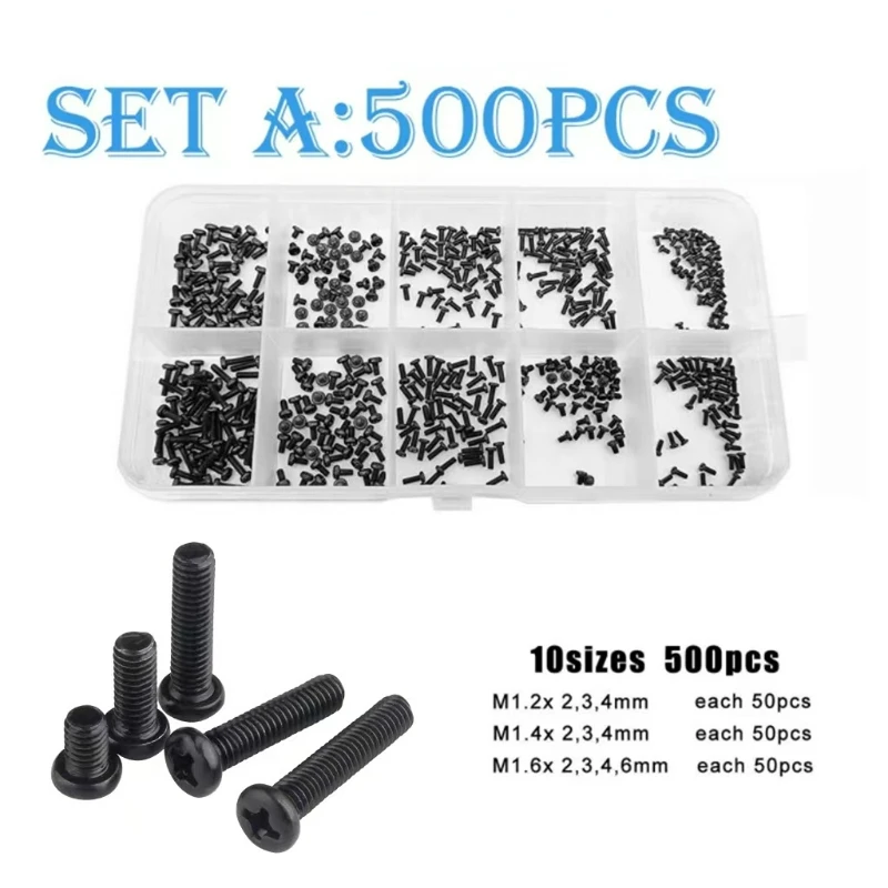 

400-2100Pcs Black Mini Micro Phillips Cross Pan Round Head Screw Bolt Nut Set Assortment Kit M1.2/M1.4/M1.6/M2/M2.5/M3/M4
