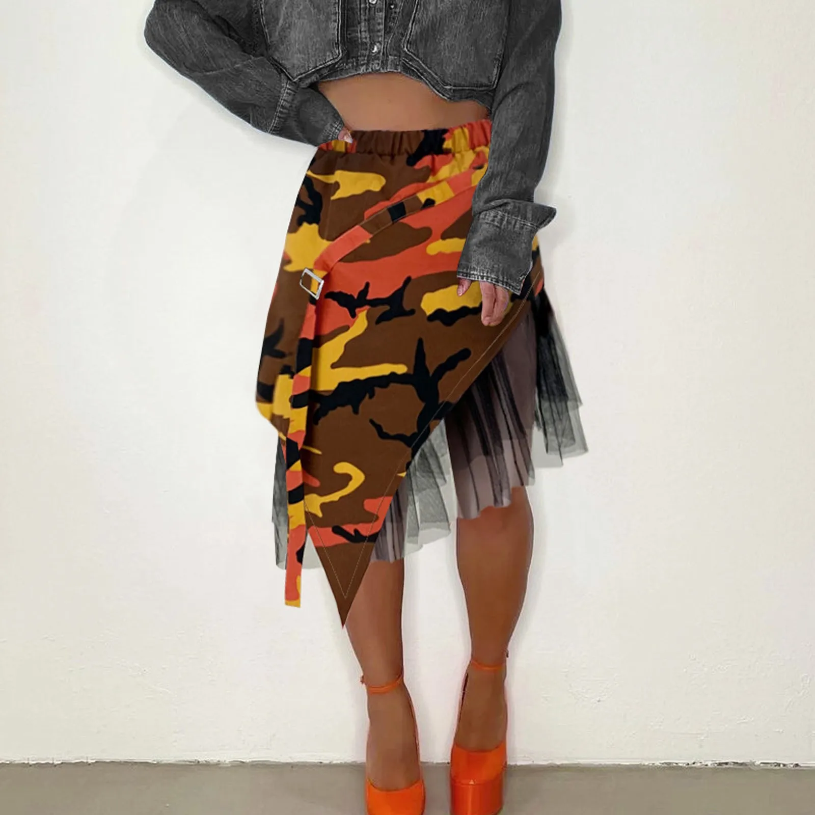 Женская Повседневная камуфляжная юбка с поясом разрезом Юбка До Колена