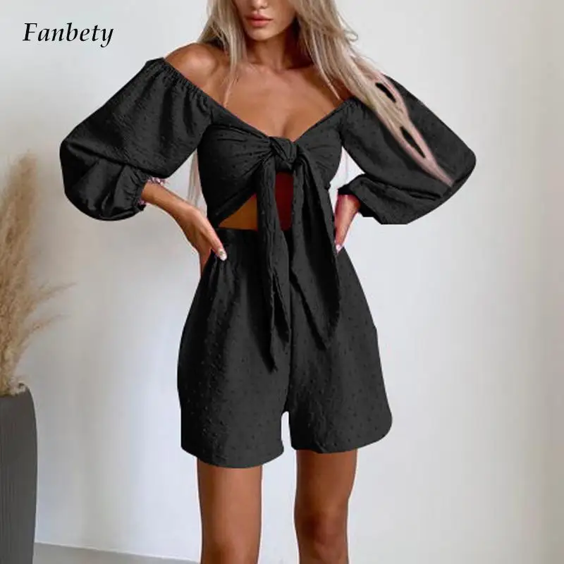 

Women Sexy Off Shoulder Outfits Casual Long Sleeve Bow Tie--up Tops and Elastic Waist Shorts Sets Elegant Loose Solid 2Pc Suits