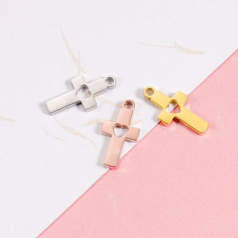 

10Pcs/Lot Mirror Polish Stainless Steel Cutting Hollow Heart Cross Pendant Charms For DIY Making Necklaces Keychains Jewelry