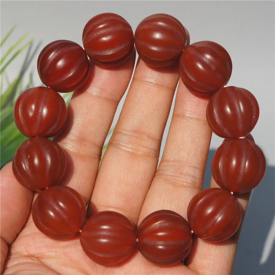 

Tibetan Natural Red Old Agate Pumpkin Striation Beads Bracelet Hand Catenary