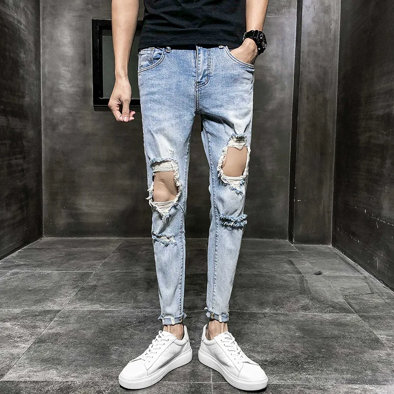 

Summer 2022 Light Blue Ripped Slim Jeans Male Spirit Guy Tight-fitting Pants Trend Ankle Length Beggar Pants