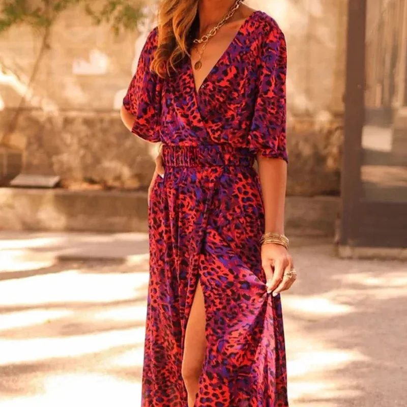 

Women Summer Elegant Corset Long Dress Casual Short Flare Sleeve V Neck High Waist Slit Loose Bohemian Vacation Maxi Dress