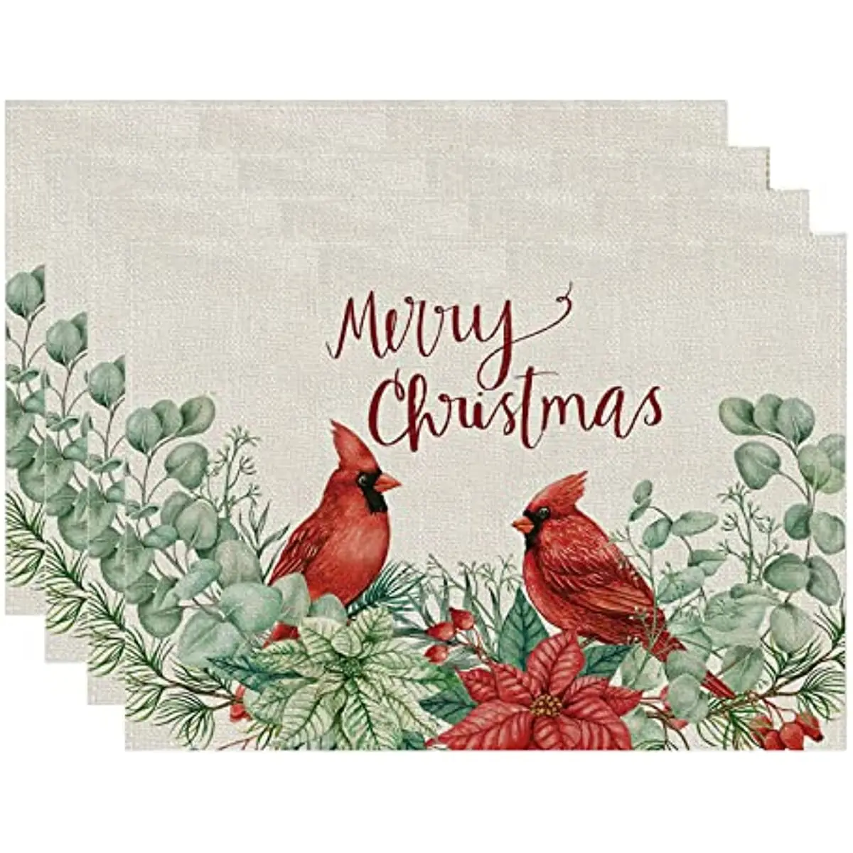 

Merry Christmas 4 Piece Set Cardinal Red Bird Winter 12x18Inch Placemat Dining Table Decorate Desk Mat Rectangle Stocked