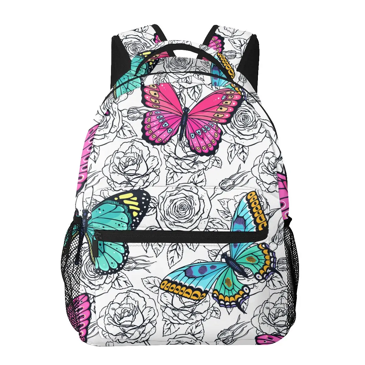 

Women Men Backpack Hand Drawn Roses And Colorful Butterflies Travel Female Bag Male Laptop Backpack Book Bag