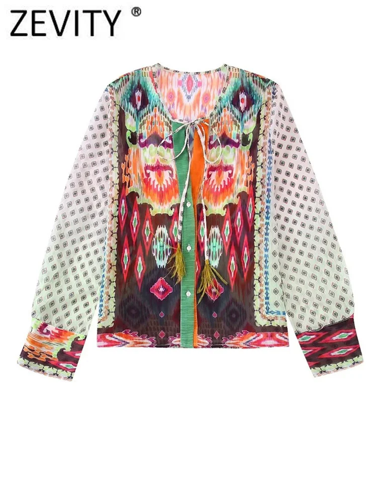 Zevity Women Vintage Floral Print Patchwork Geometric Smock Blouse Female Feathers Lace Up Shirt Chic Chemise Blusas Tops LS1878
