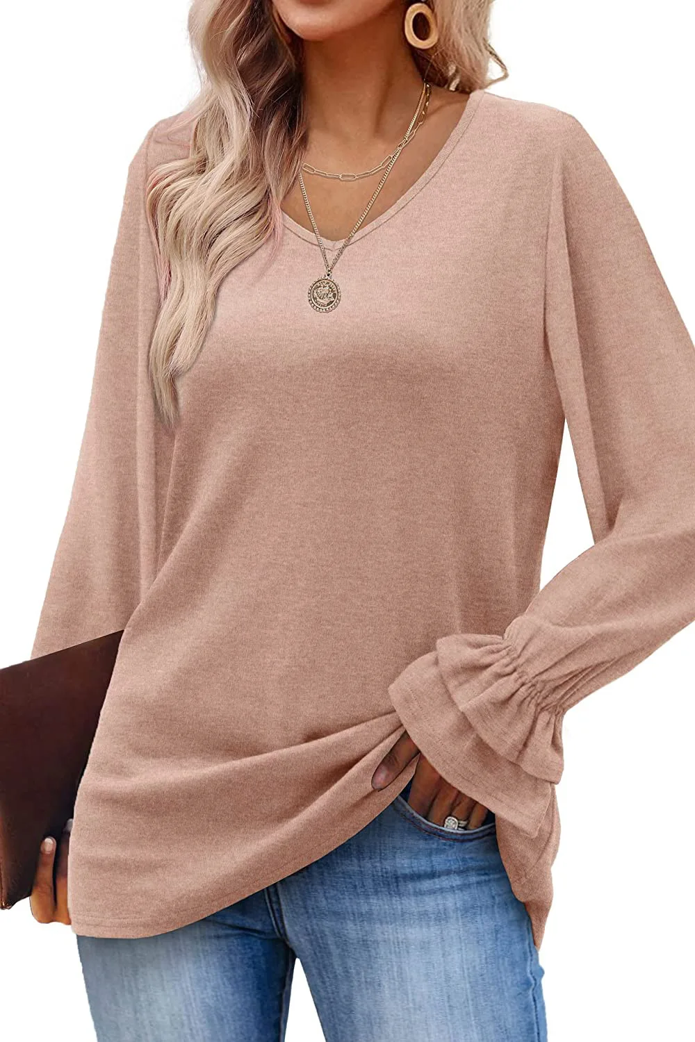 2022 Autumn and Winter New Bell-sleeved Long-sleeved Round Neck Solid Color T-shirt Top Women's Clothing Shirts for Women