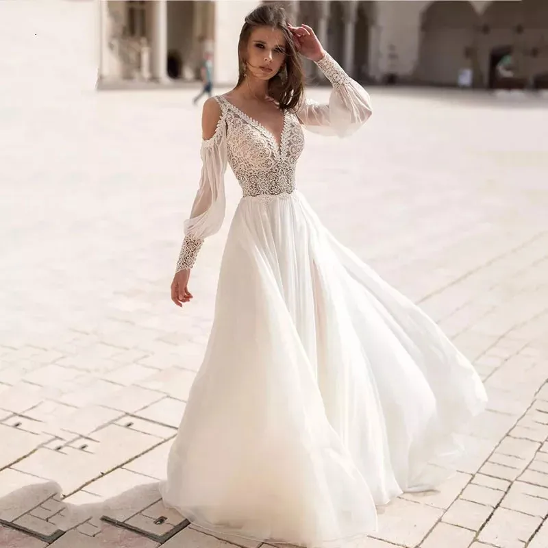 

Bohemian Detachable Sleeve Chiffon Wedding Dress V-Neck Lace Applique Beach Bridal Gown High Slit Floor Length Vestidos De Novia