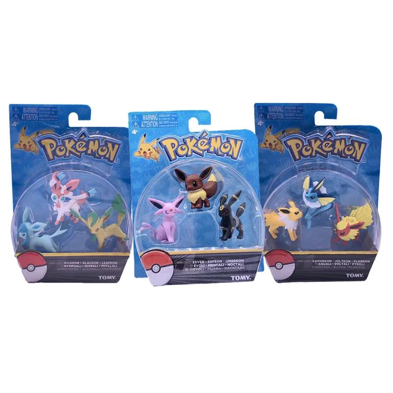 

Genuine Tomy Pokemon Toys Battle Feature 3 Figures Pack Eevee Evolution Family Eevee Espeon and Umbreon 2" Action Figure