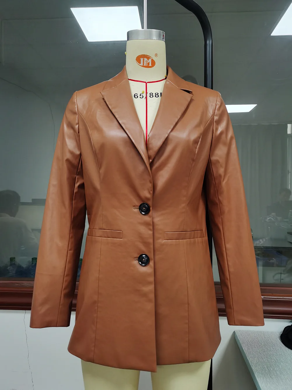 Medium Length Slim Single Breasted Suit Solid Color PU Motorcycle Leather Suit Jacket Blouse Women Office Lady Formal Suit Top