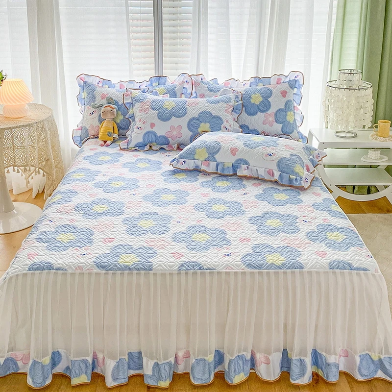 

3pcs Quilted Skirts with Pillowcases Mattress Protector Bedspreads on The Bed Elastic Bedroom Winter Girl's Bedsheet Blue Flower