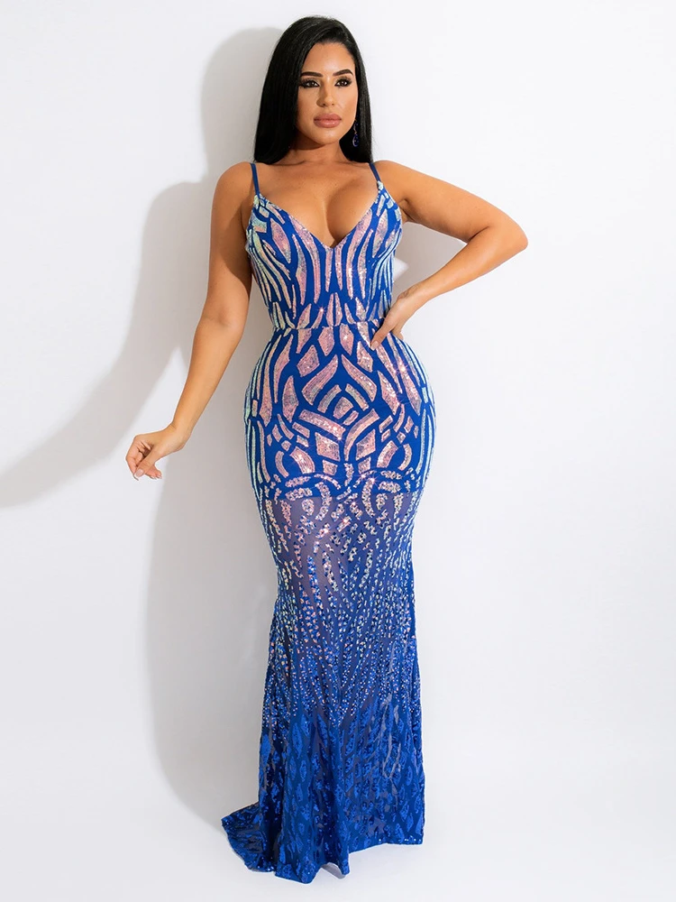 

Women Mermaid Fashion Sexy Sling V Neck Leaky Back Sequin Pack Hip Dress 2022 Spring Backless Evening Prom Party Dresses 2022