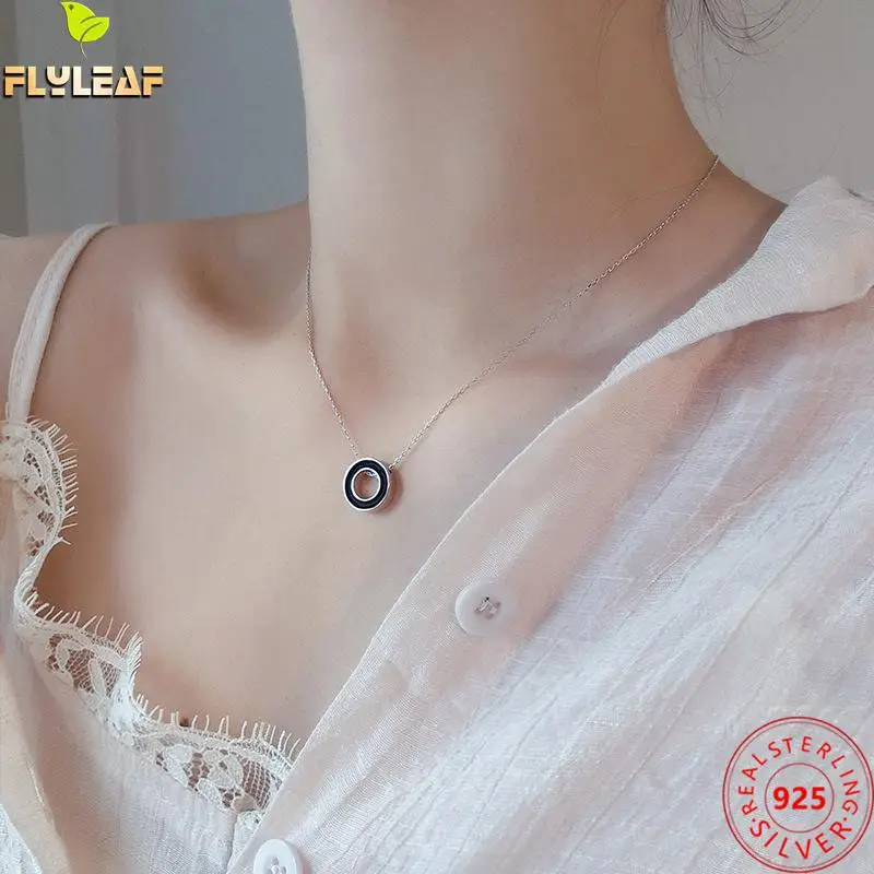 

925 Sterling Silver Black White Double Sided Necklace For Women Rose Gold Plated Round Wheel Clavicle Necklace Fine Jewelry