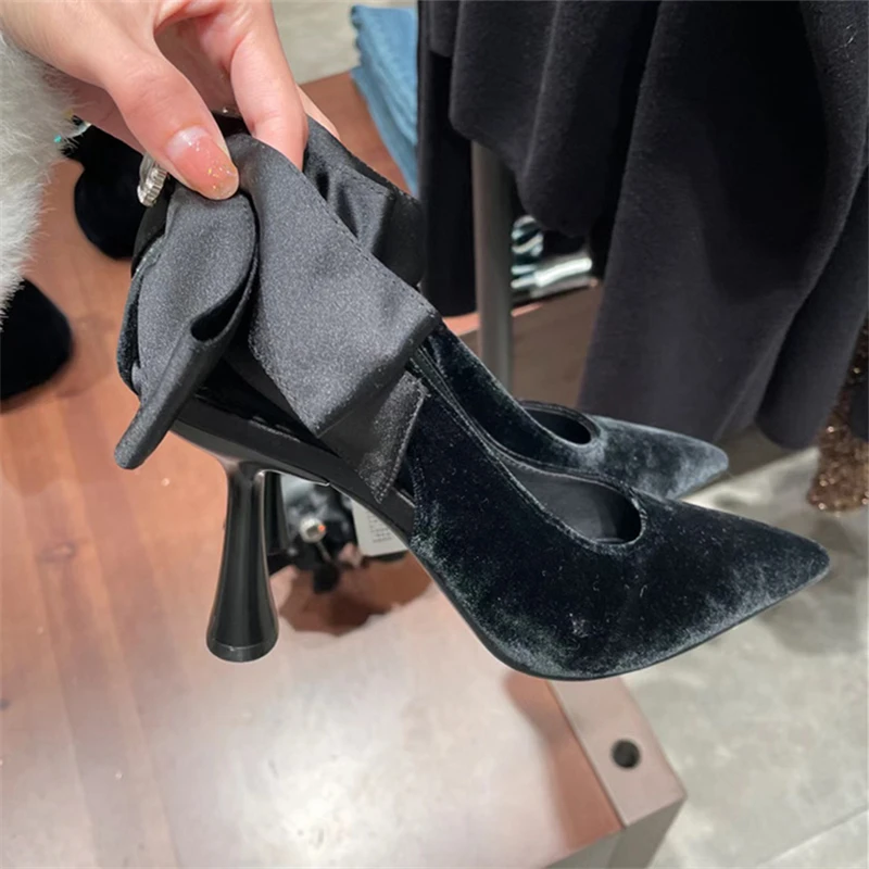 Sexy Pointed Toe Women Pumps Hollow Out Prom Dress Shoes Black Bowknot Design Ladies High Heels Fashion Stiletto Summer Sandals