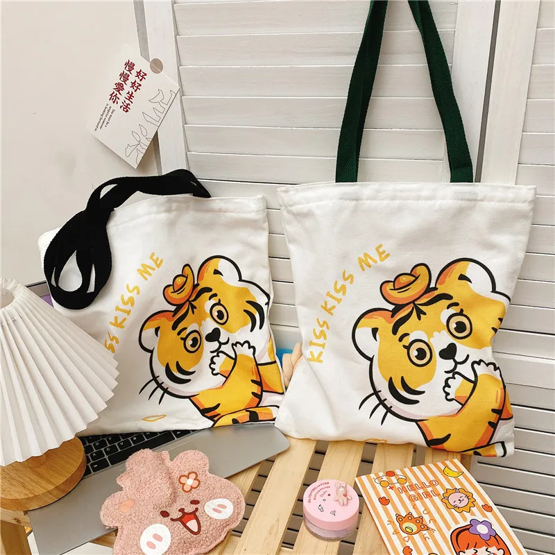 

Cute Cartoon Tiger Canvas Shoulder Bag College Schoolgirl Book Handbag Large Capacity Eco Reusable Female Shopping Bag