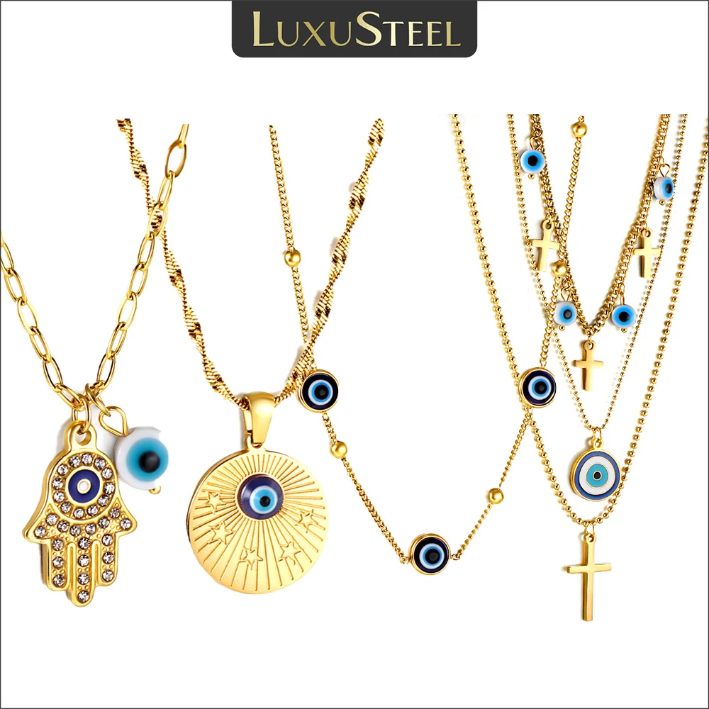 

LUXUSTEE Turkish Blue Evil Eye Cross Hand Zirconia Pendant Necklace For Women Stainless Steel Clavicle Chain Boho Lucky Jewelry