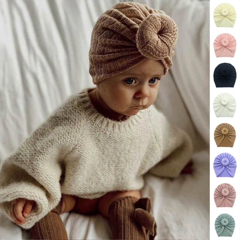 

Однотонная облегающая шапка с узлом для маленьких девочек, большой тюрбан с бантом, Детские облегающие шапки, плотные теплые зимние шапки д...