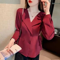 2022 spring and autumn office lady light cooked style top fashion suit stand collar waist long sleeve solid color chiffon blouse