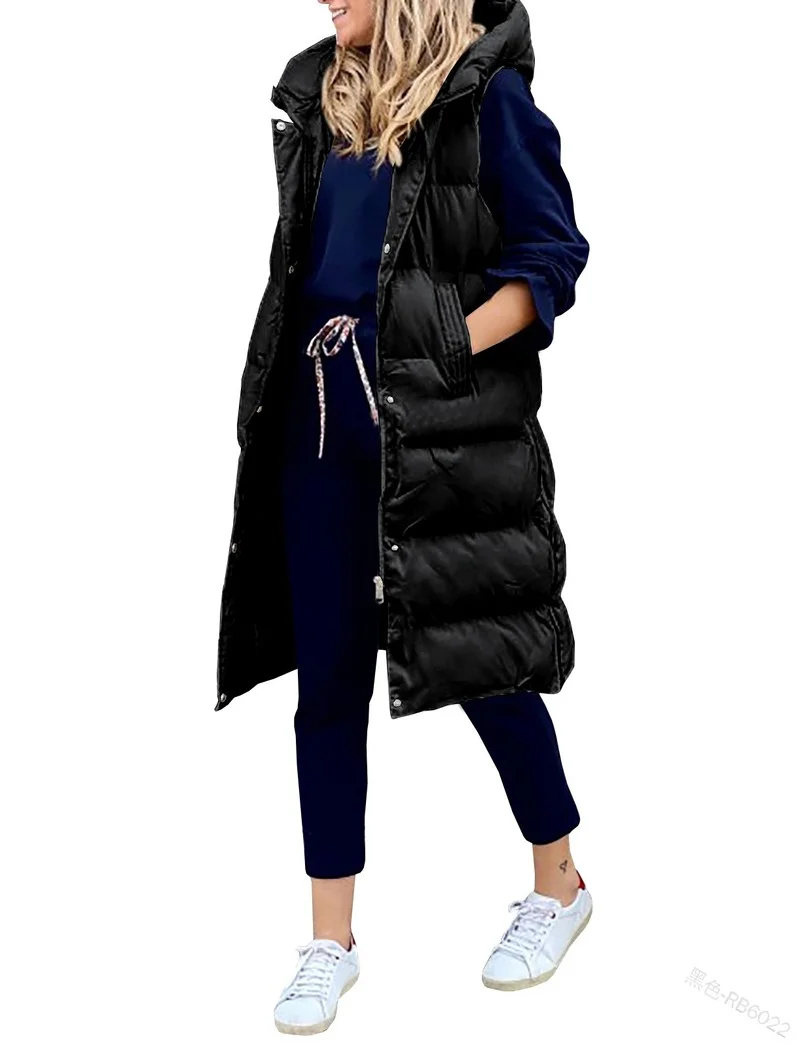 Winter Coats Women Loose Casual Fashion Single-breasted Warm Vest Long Hooded Sleeveless Jackets Solid Cotton Padded Waistcoat