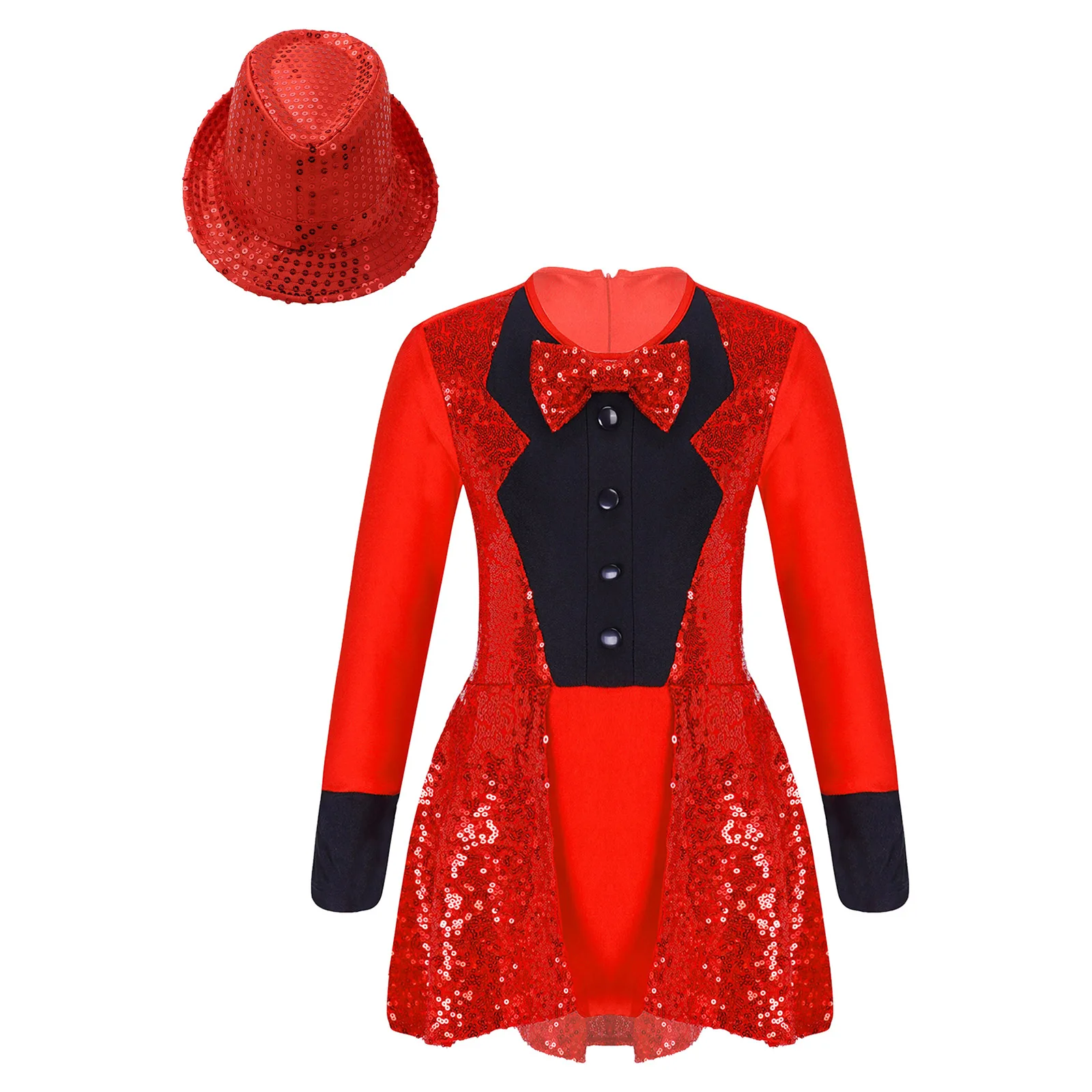 

Kids Girls Ballroom Dance Dress Jazz Dancewear Bow Tie Sequins Leotard with Paillette Fedora Hat for Cosplay Dress UP Party