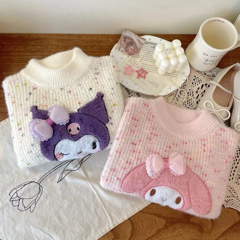Милый зимний вязаный свитер Kuromi с рисунком Kawaii Sanrio My Melody Plus бархатный утолщенный